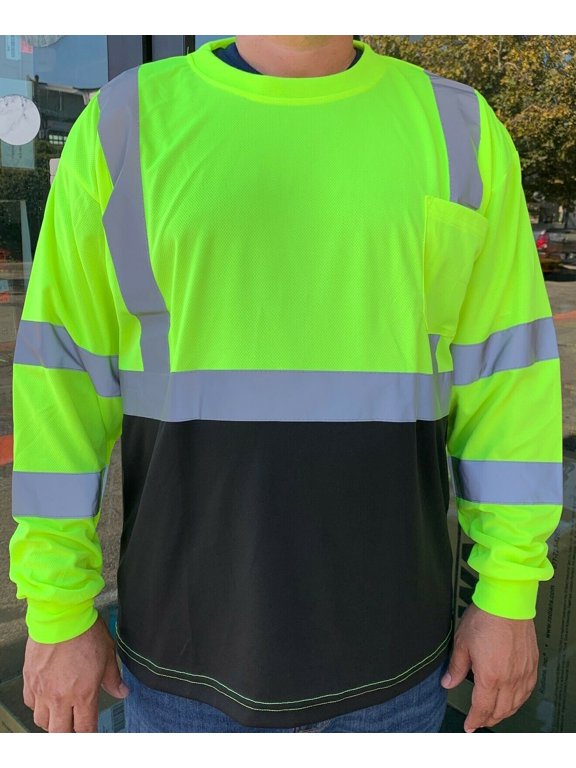XL - Yellow High Visibility Long Sleeve Safety Shirt Reflective / Black Bottom