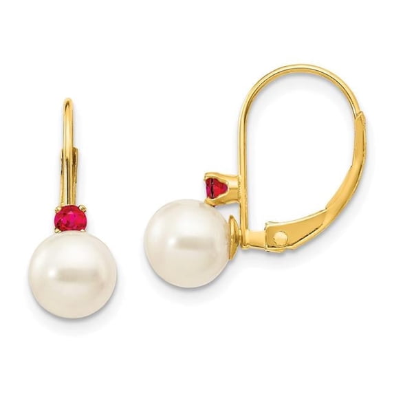 XLB60R-PL 6-6.5 mm 14K Round FW Cultured Pearl Ruby Leverback Earrings, White