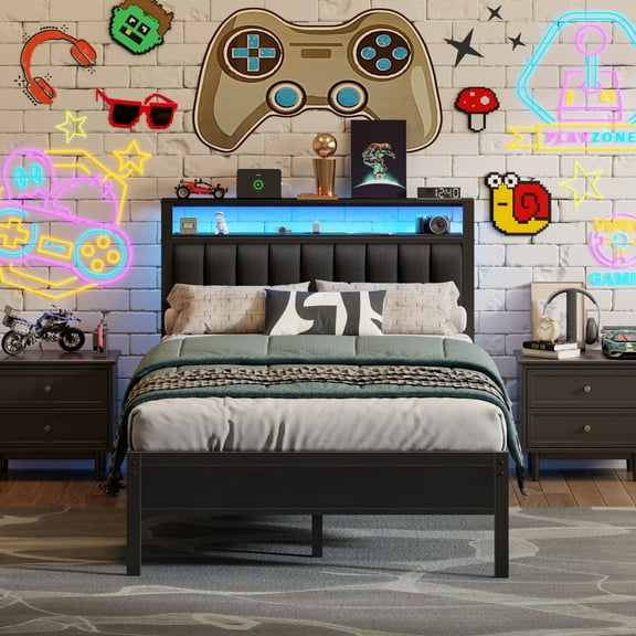 Hexmn Full Size Platforrm Bed Frame with Charging Station, LED Standard Storage Space Bed for Bedroom, No Box Spring Needed