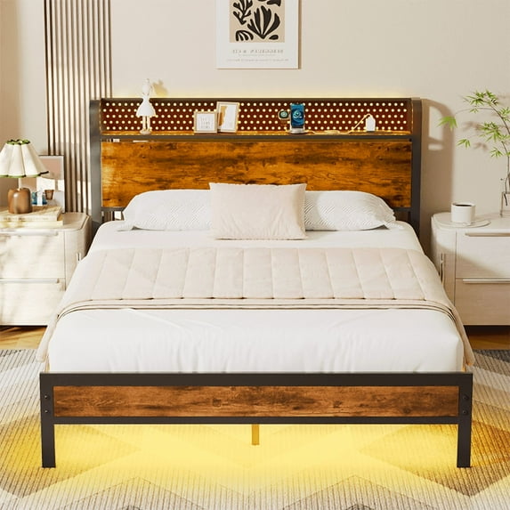 Hexmn LED Storage Shelves and Underbed Storage Metal Platform Bed Frame with Headboard, Queen