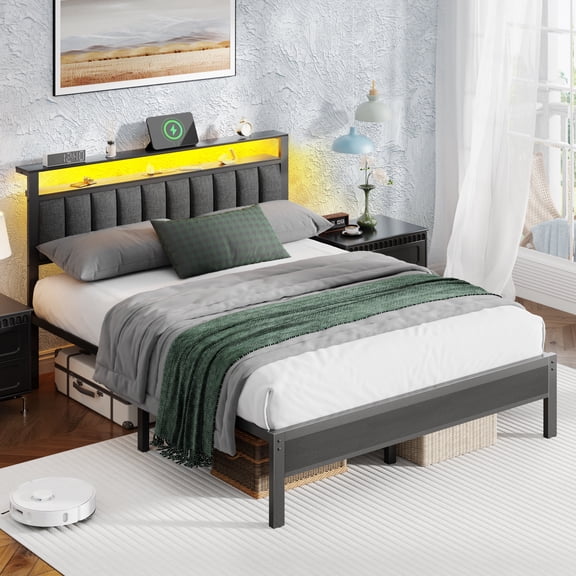 Hexmn Queen Size Platforrm Bed Frame with Charging Station, LED Standard Storage Space Bed for Bedroom, No Box Spring Needed