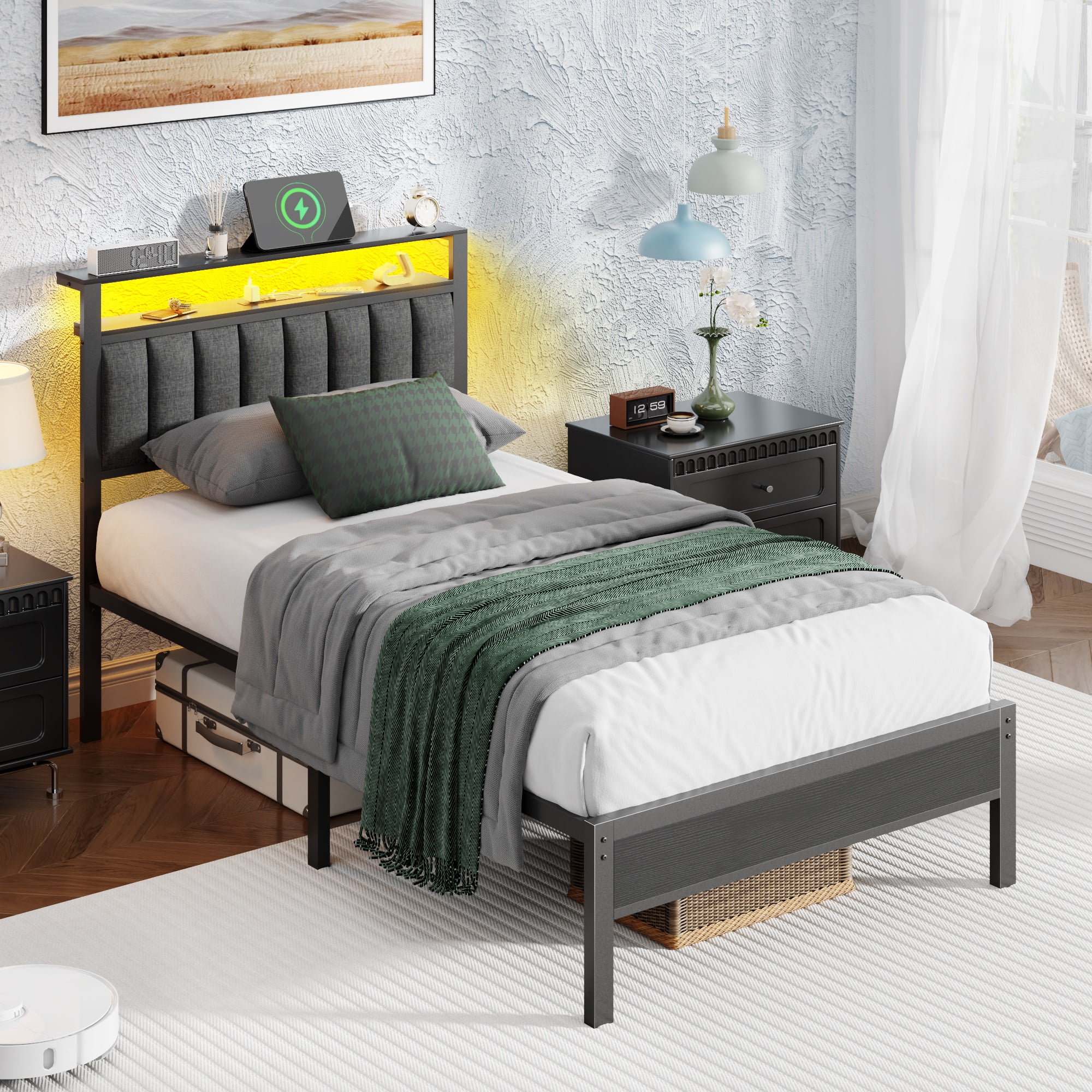 Tydimor Twin Size Platforrm Bed Frame with Charging Station, LED Standard Storage Space Bed for Bedroom, No Box Spring Needed