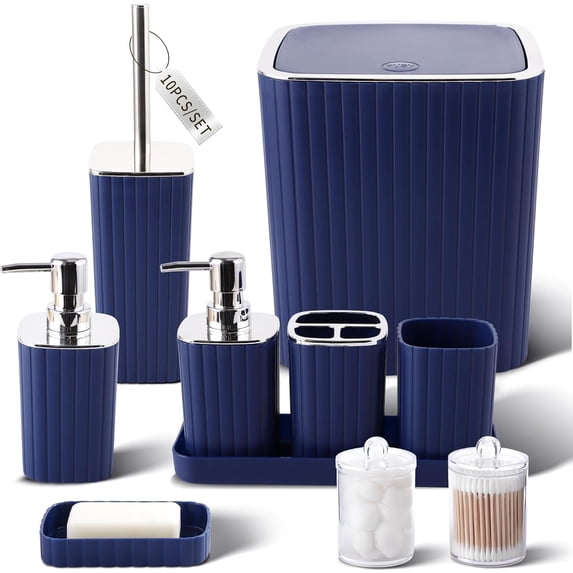 XLHOMO Navy Blue Bathroom Accessories Set - Gorgeous Bathroom Set, 10PC Bathroom Accessory Set, Brush, Trash Can, Qtip Holder & Soap Dispenser