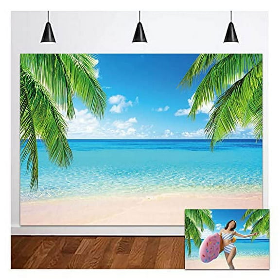 XLL 7x5ft Sea Ocean Palm Leaf Sand Beach Blue Sky White Hawaii Photo Background Summer Tropical Beach Photography Backdrops Wedding Bride Shower Baby Birthday Party Banner Supplies Props Vinyl