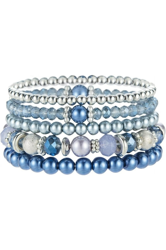 Beaded Pearl Stretch Bracelet Silver Stackable Crystal Beads Bracelets Trendy Costume Jewelry Mothers Day Gifts for Women Blue