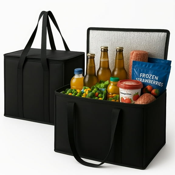 XLLarge Insulated Grocery Shopping Bags, Black, Reusable Bag, Thermal Zipper, Collapsible, Tote, Cooler, Food Transport hot and Cold, Camping, delivery Groceries