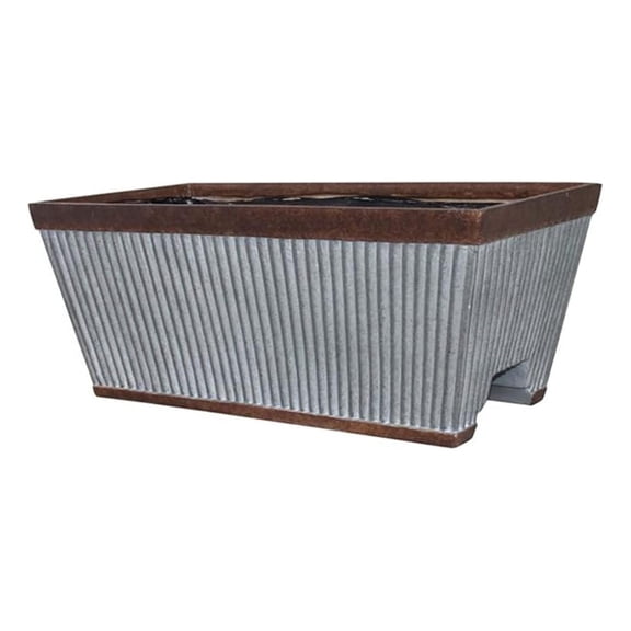 XLMD 24 Inch Outdoor Rectangular Deck Rail Textured Resin Garden Flower Planter with Sun Protectors, Rustic Galvanized