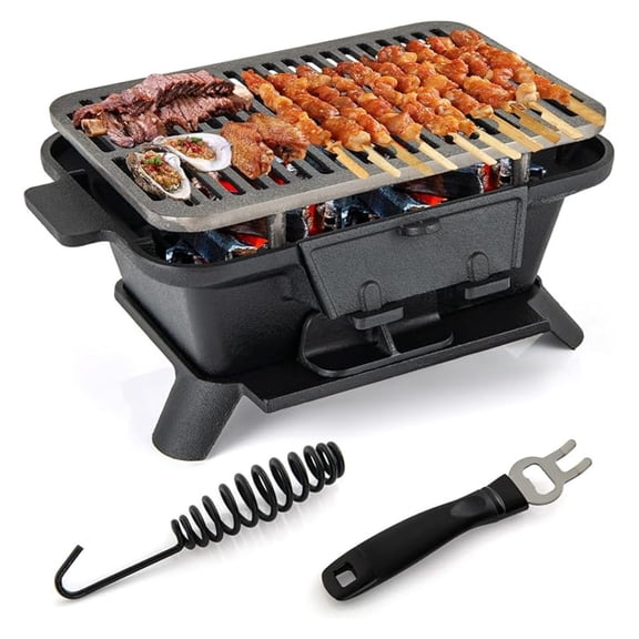 XLMD Cast Iron Charcoal Grill, Portable Hibachi Grill with Air Regulating Door and Fire Gate, Grate Lifter, Double-sided Japanese Stove for Outdoor Camping Backyard Barbecue Party