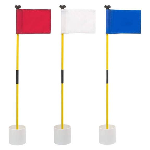 XLMD Golf Flagsticks, Flags and Cups - Set of 3 for Golf Course or Backyard Putting Green and Chipping Greens Mini Golf Flag Sticks for Pros or Juniors in Red, White and Blue (USA)