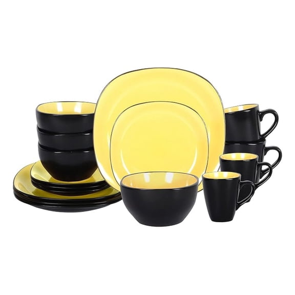 XLMD Stoneware Square 16pc Dinnerware Set, Inside Shiny Yellow Outside Matte Black