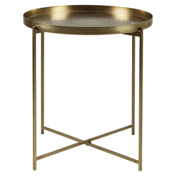 XLMD Tray Top Round Side Table, Decorative End Table with Antique Brass Finish, Intricate Hand Carving, Strong Iron Legs - 20" X 21.7"