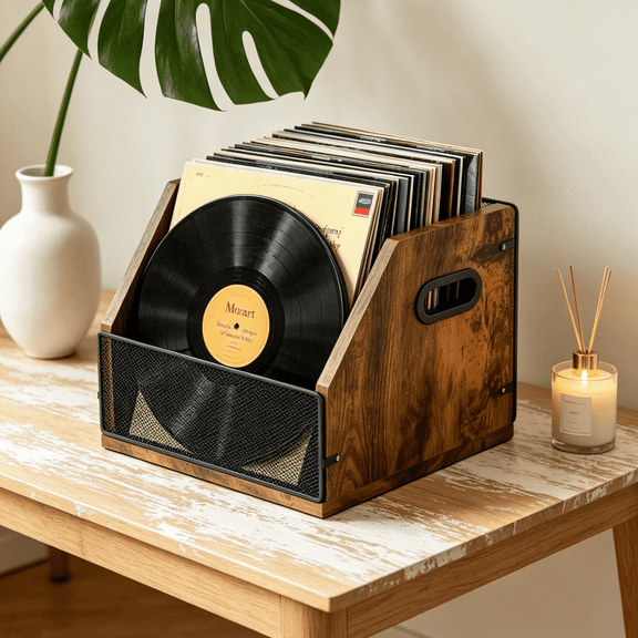 XLP Metal & Wood Vinyl Record Storage Crate, Holds 60 LPs, Sturdy Desktop Album Holder Box, Retro Organizer Rack Stand for Turntable, Bookshelf & Home Decor