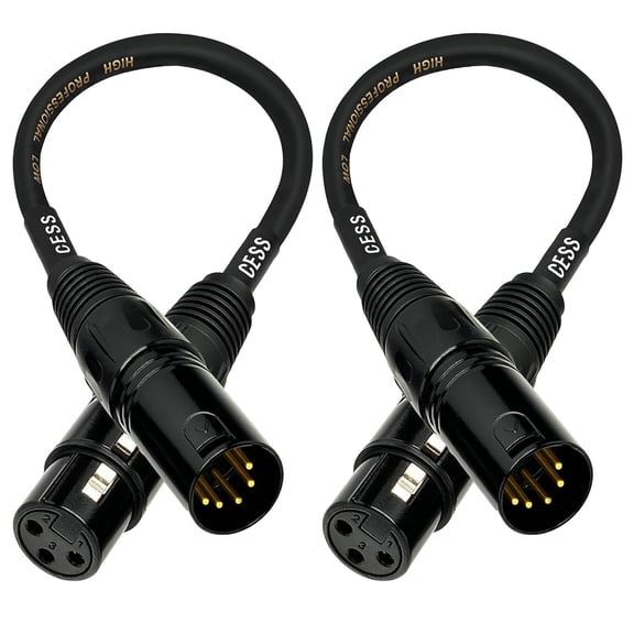 XLR 5-Pin Male to 3-Pin Female DMX Adapter Cable, Short Lighting Control Lead, 6 Inch, 2 Pack