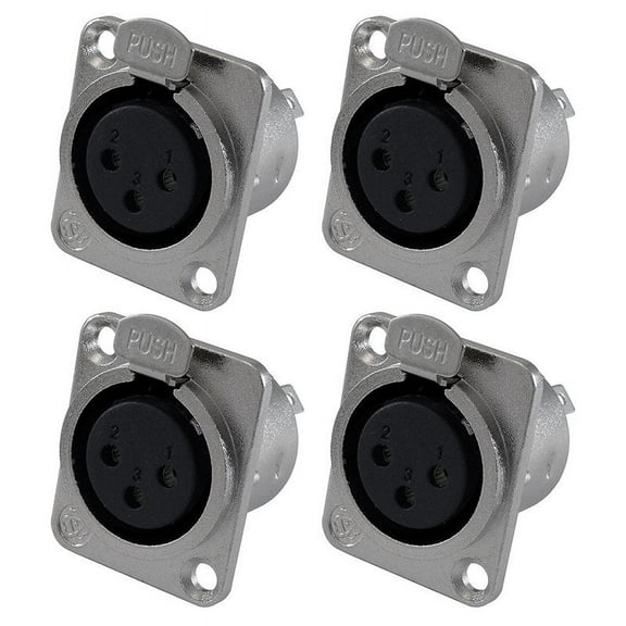 XLR Female Jack 3 Pin - Panel Mount Jacks D Series Size XLR-F - 4 PACK,4pcs x socket,Black & Silver