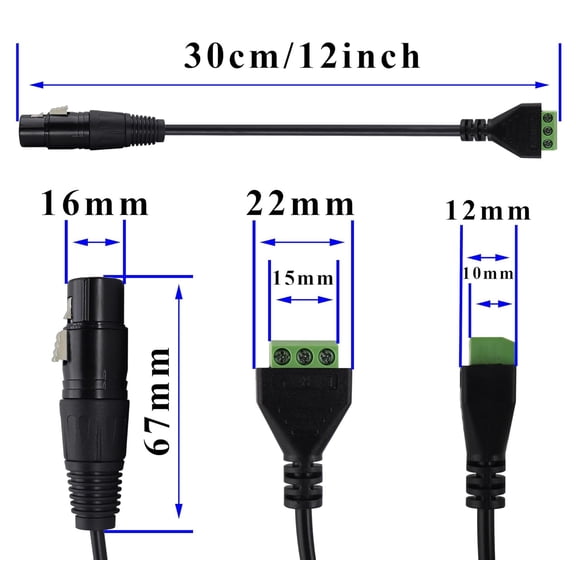 XLR Screw Terminal Block Cable 3-Pin XLR Female to 3-Pin Terminal Connector Wire,Used for Speakers,Microphones,Projectors,Stereos,Stage Live Performances&Recording(30cm/F-2Pack)