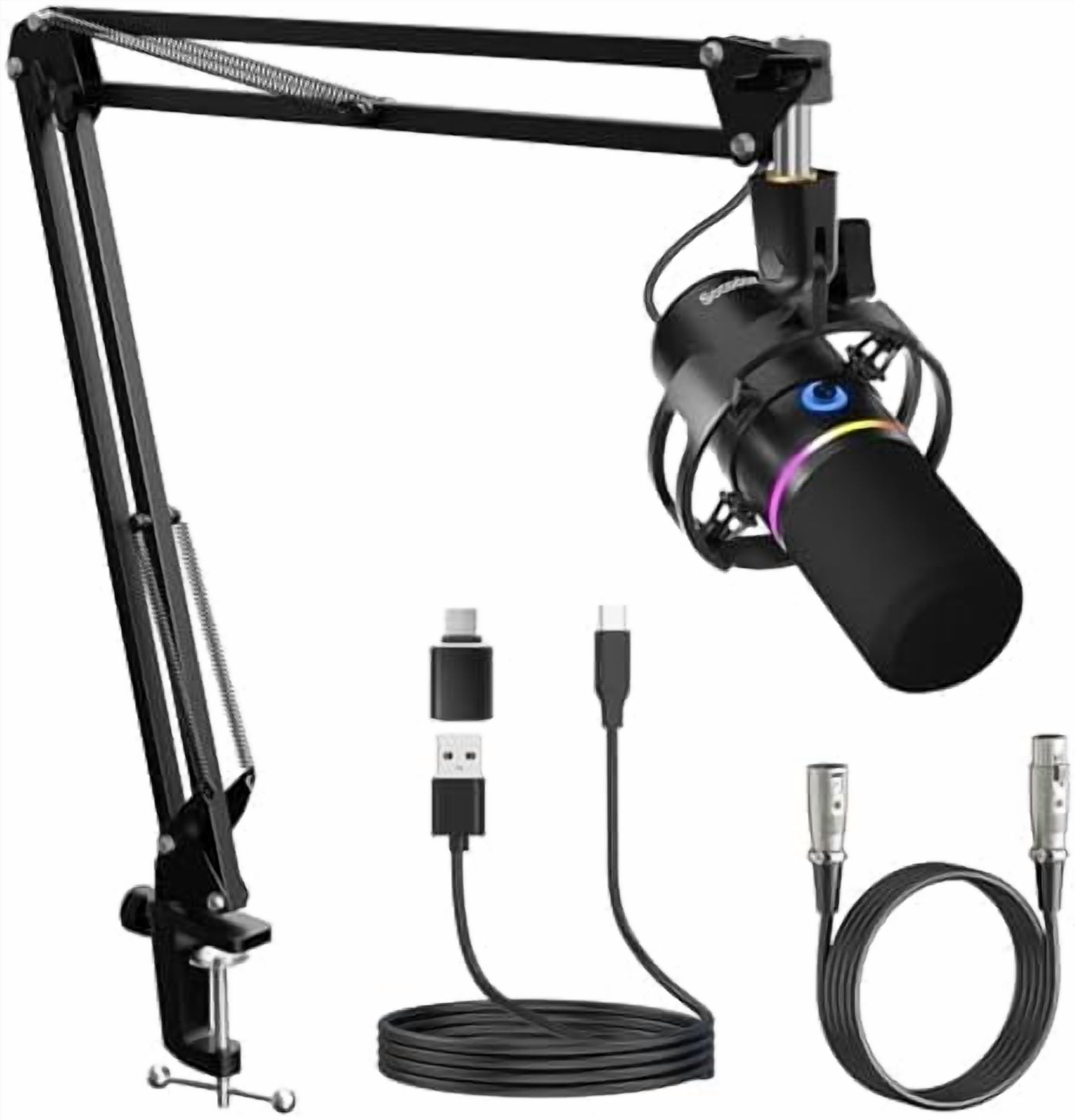 XLR/USB Dynamic Microphone Kit,Podcast Microphone with Boom Arm for Streaming,Gaming with Mute and Noise Cancelling Function,Volume Control,Headphone Jack