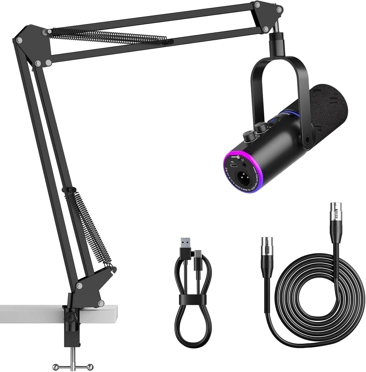 P PUPGSIS XLR/USB Dynamic Podcast Microphone with Boom Arm, Mute, Noise Reduction, Reverb, Headphone Jack, for Live Streaming, Recording, Gaming, Vocal