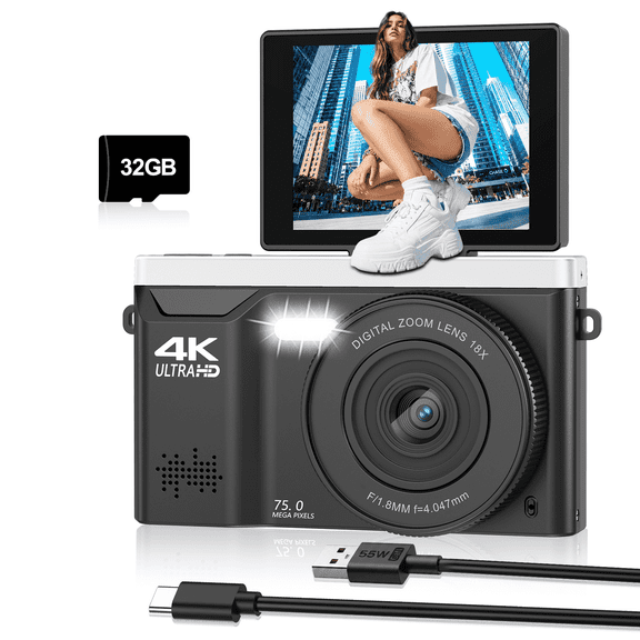 XLURC 4K Digital Camera 75MP Autofocus Vlogging Camera 2.8" 180° Flip Screen 18X Zoom Photography Camera Gifts for Beginner & Teens with 32GB Card