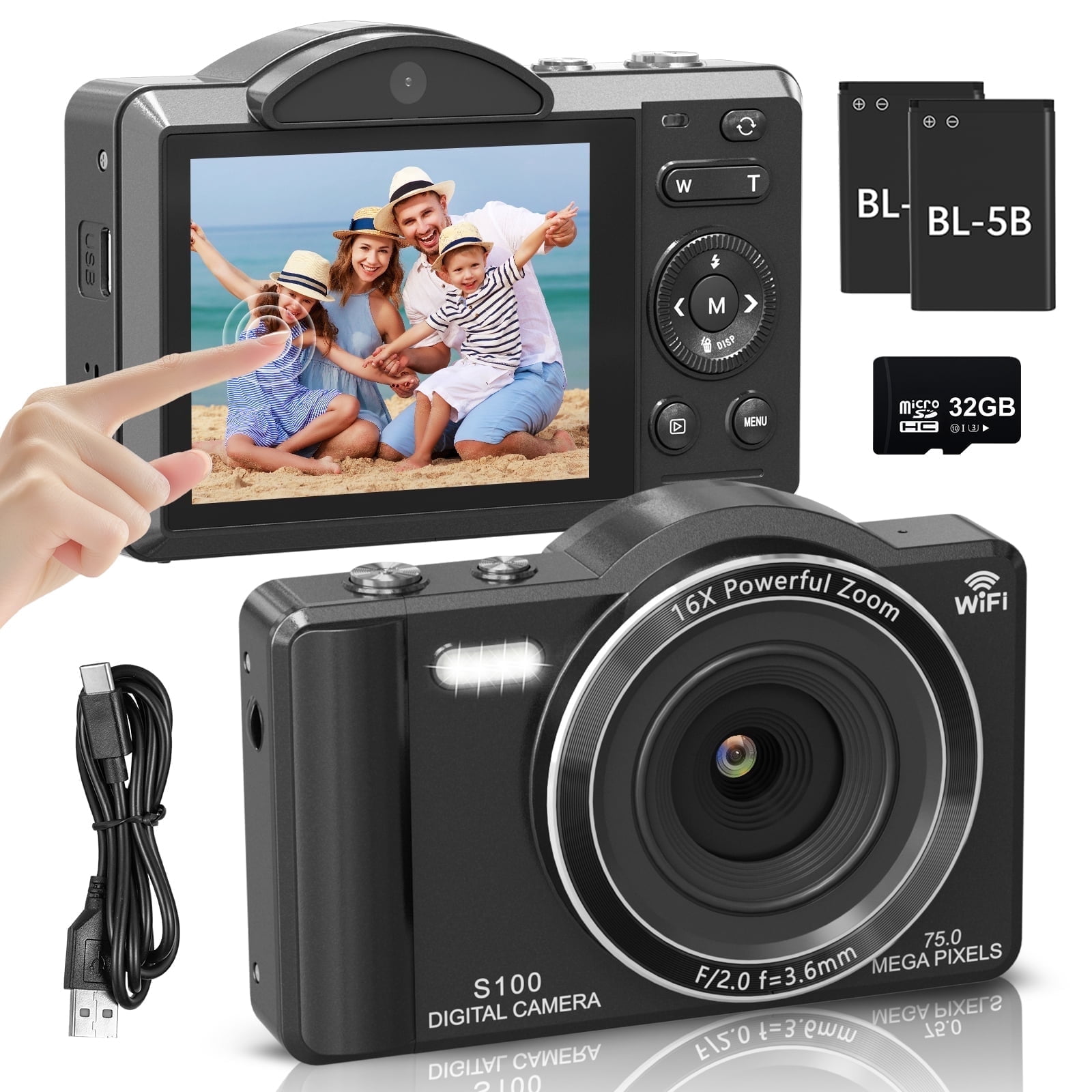 XLURC 4K Digital Camera with Wifi 75MP Vlogging Camera with Dual Lenses Touch Screen Camera for Photography 16X Zoom for Beginners,Teens & Travel Vloggers