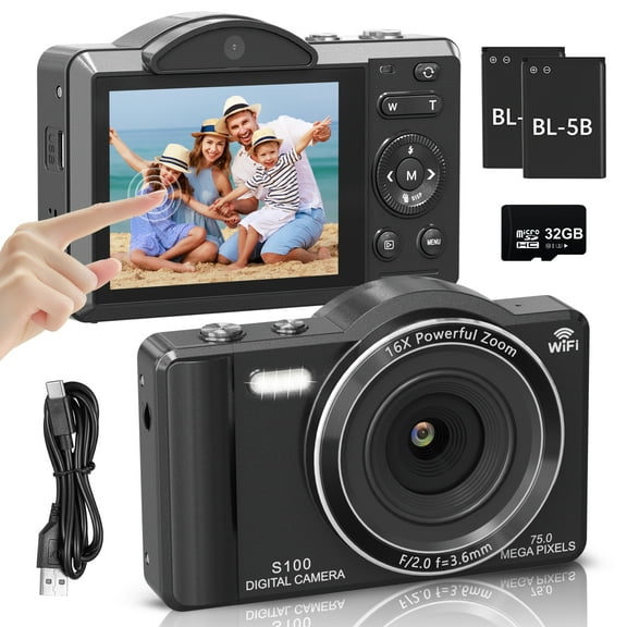 XLURC 4K Digital Camera with Wifi 75MP Vlogging Camera with Dual Lenses Touch Screen Camera for Photography 16X Zoom for Beginners,Teens & Travel Vloggers