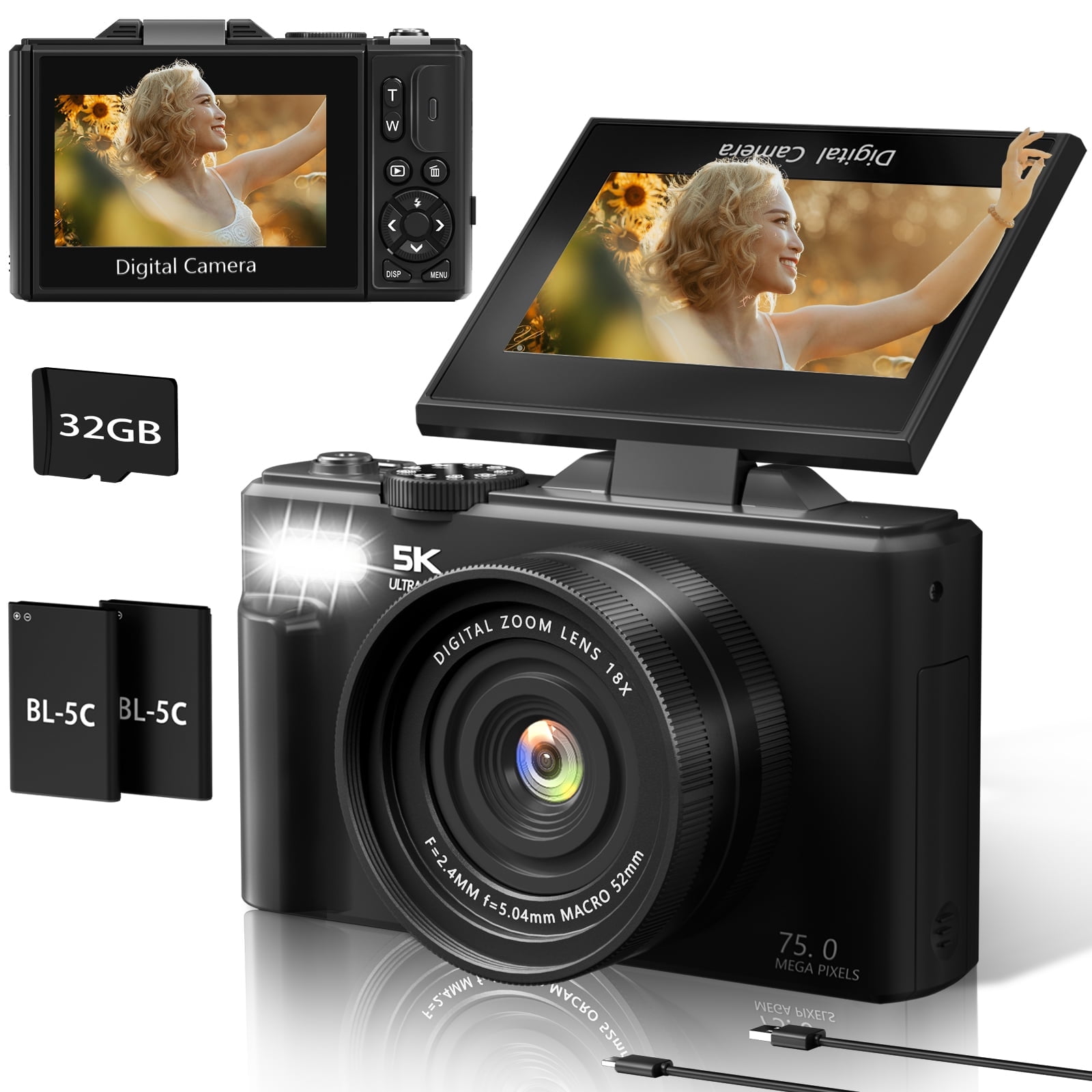 XLURC 5K Digital Camera with Wifi 75MP Vlogging Camera for YouTube Cameras for Photography with 3" 180° Flip Screen 18X Digital Zoom Autofocus Video Travel Camara 32GB Card (Black)