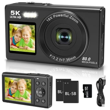 XLURC Digital Camera for Photography 5K Dual Screens Camera Vlogging Cameras Small Digital Cameras Autofocus with 18X Zoom & 32GB SD Card for Kids Teens Adult