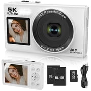XLURC 5K 80MP Digital Camera for Photography Wifi Dual Screen Vlogging Camera for Youtube Autofocus Travel Camera 18X Digital Zoom with 32GB Card & 2x Battery White