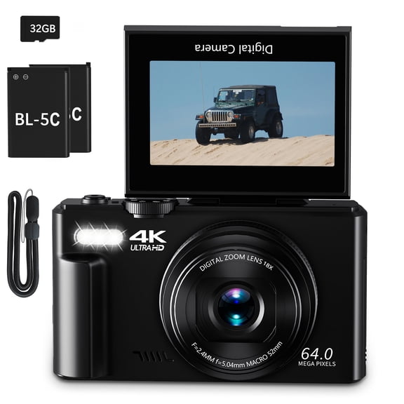 XLURC 64MP Digital Camera, 4K Vlogging Camera with Wifi 18X Digital Zoom 3-inch Flip Screen with 32GB Micro SD Card