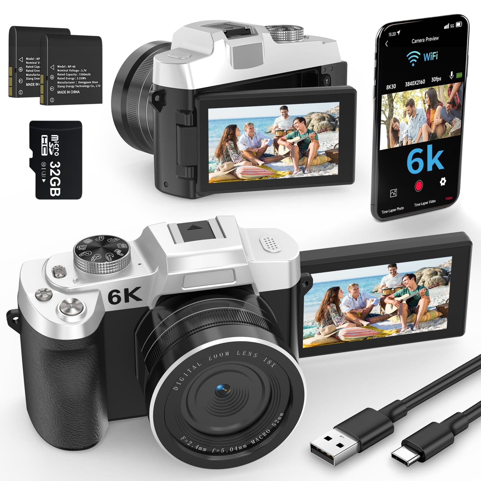 XLURC 6K Digital Camera for Photography 84MP Digital Cameras with Wifi Camera Vlogging for Youtube Touchscreen 18X Zoom Video Camera with 32GB TF Card & 2x Battery