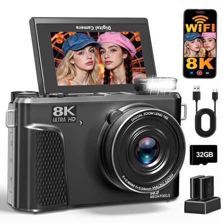 XLURC 8K Digital Camera 88MP WiFi Vlogging Camera for YouTube Camera Photography 18X Zoom with 3" 180° Flip Screen, 32G Card & 2 Batteries