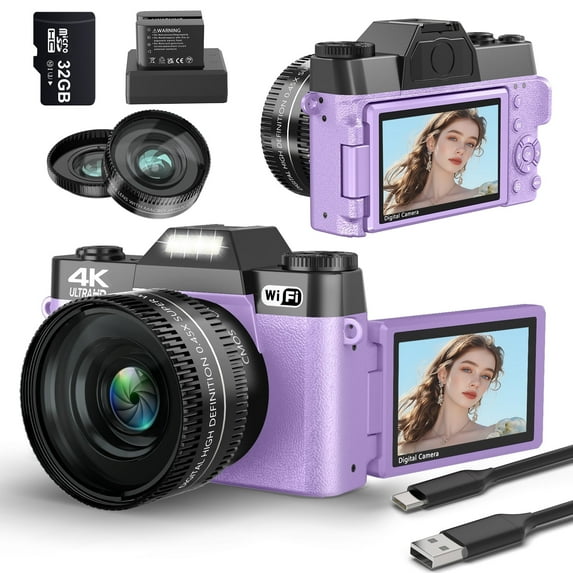 XLURC Digital Cameras for Photography 4K 56MP Vlogging Camera for Youtube 3" 180° Flip Screen with 16X Digital Zoom & Lens Compact Travel Cameras with 32GB SD Card 2 Batteries