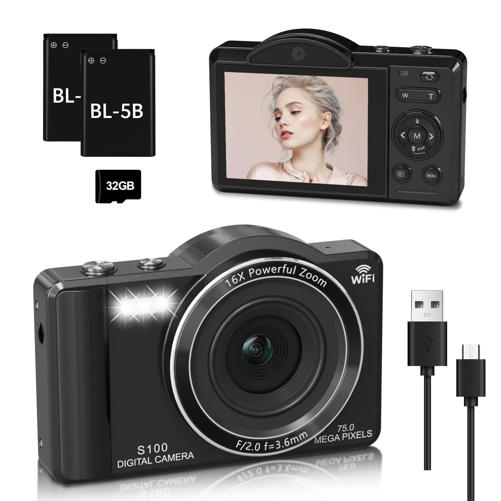 XLURC Digital Camera 4K 75MP Vlogging Dual Camera Wifi 16X Zoom with Autofocus with 32GB Card Video for Photography