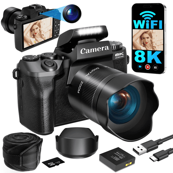 XLURC Digital Camera 8K 64MP Wifi Cameras for Photography with 4" Touchscreen Dual-Lens Vlogging Camera for YouTube 16X Digital Zoom with 32GB Card & 3000mAh Battery