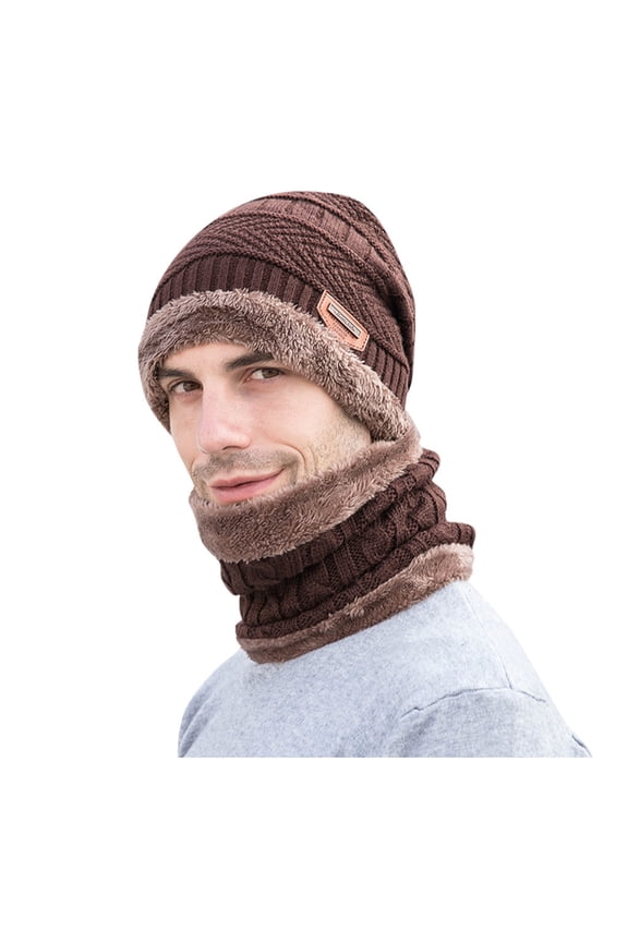 Beanie Hats for Women Mens Hats Thick Winter Set Hat Cap Plus Muffler Knit Hat Velvet Collar Beanie for Women Beanies 1Pc Hat 1Pc Scarf Coffee M