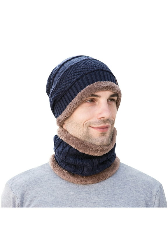 Beanie Hats for Women Mens Hats Thick Winter Set Hat Cap Plus Muffler Knit Hat Velvet Collar Beanie for Women Beanies 1Pc Hat 1Pc Scarf Navy M