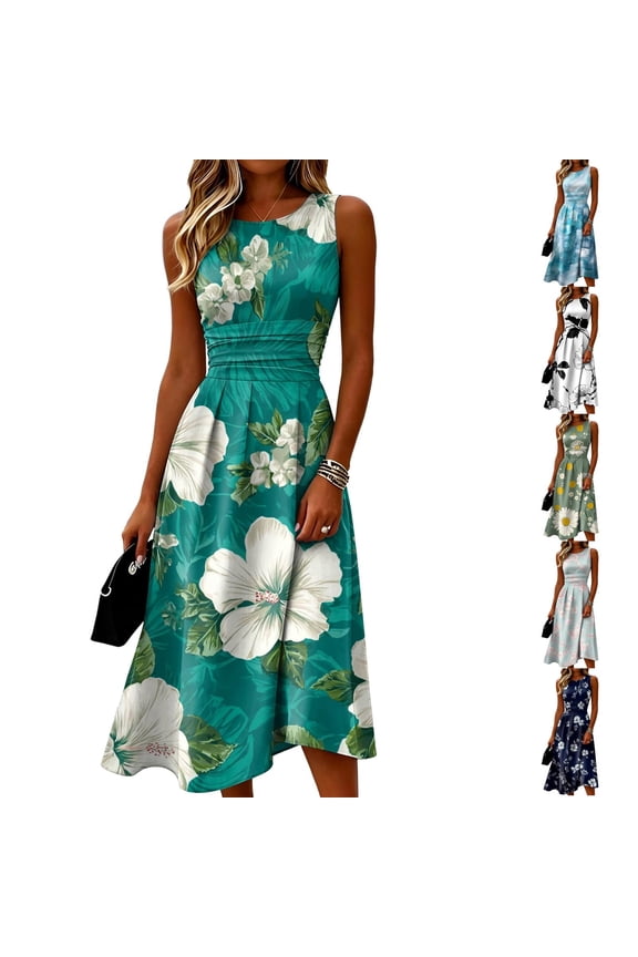 Dresses For Women Crew Neck Sleeveless Fit And Flare Fashionable Lightweight Elegant Summer Dress Navy XL