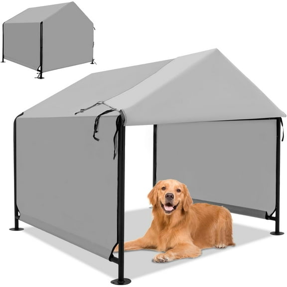 XLarge Outdoor Dog House 4'x4'x3.6' for Large Dogs, Animal Shelter with Upgraded Doors, Outside Sun Rain Canopy Pet House for Dogs, Cats, Small Animals and Livestock, Grey