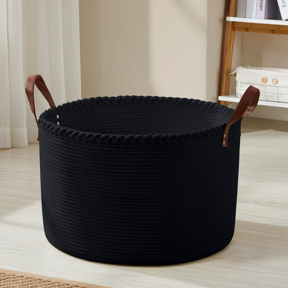 XLarge Round Cotton Rope Storage Basket Bin Organizer Laundry Hamper with Leather Handles, 21 x 21 x 14, Extra Large Blanket Woven Toy Basket for Baby Nursery - Black