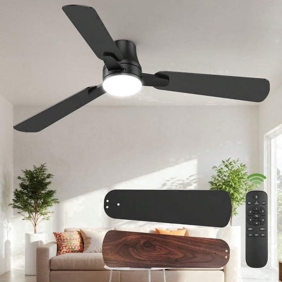 XM 42in Ceiling Fan With Light, Modern Flush Mount Ceiling Fan With Remote,6 Speed Fan For Bedroom, LED Dimmable Ceiling Fan For Living Room, Kitchen & Summer Room Decor, Black