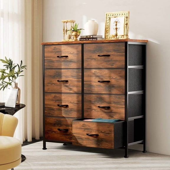 XM Tall Dresser With 8 Fabric Drawers Organizer Units, Chest Of Drawers For Bedroom With Wooden Top