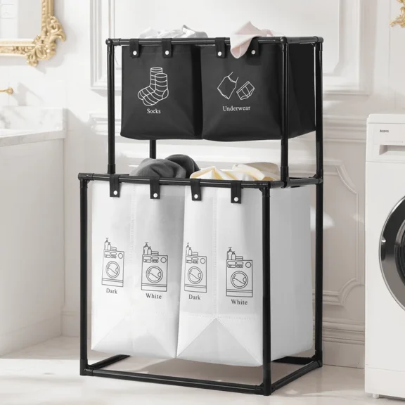 XM Upgraded 2-Tier Divided Laundry Hamper - 4 Removable Canvas Bags (Wear-Resistant & Waterproof) - Easy To Assemble, With Wheels For Easy Movement - Ideal For Storing Family Clothes, Bedding