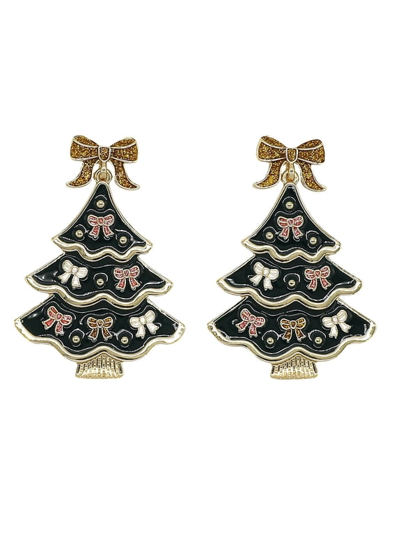 Festive Christmas Tree Earrings with Gold Glitter Bow