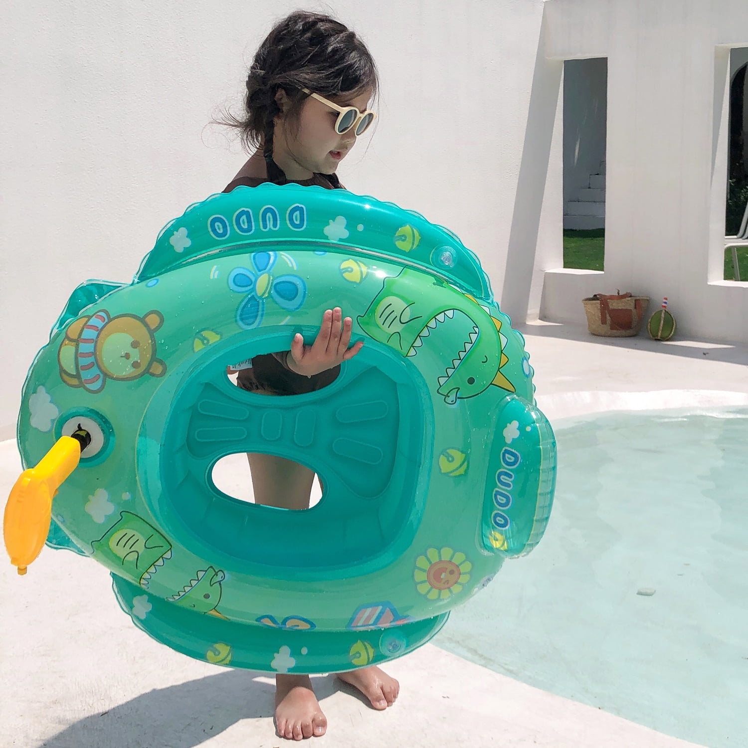 XMASMATE 2-in-1 Pool Floats for Kids Toddler, Pool Toys with Water Gun, Dinosaur Toys for Baby Floats for Pool 2-7 years, Kids Inflatable Boat Toys Gifts for Swimming Ring Game Party Birthday