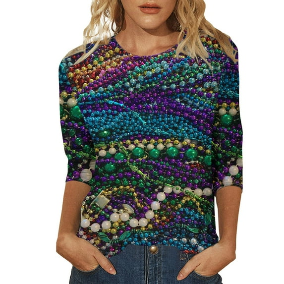 XMHJSMD 2024 Mardi Shirt for Women Carnival Themed Outfit Party Graphic 3/4 Sleeve Tunic Tops Crewneck Blouse Tshirt Women's Plus Size Tops (Camouflage,Xl)