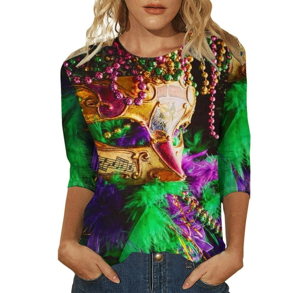 XMHJSMD 2024 Mardi Shirt for Women Carnival Themed Outfit Party Graphic 3/4 Sleeve Tunic Tops Crewneck Blouse Tshirt Women's Plus Size Tops (Khaki,Xxxl)
