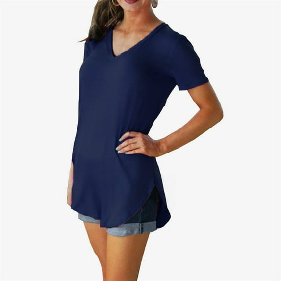 XMHJSMD Shirts for Women Summer Women's V Neck Short Sleeved Loose T Shirt With Arc Hem Large Size Solid Color Top(Navy Blue,Xxxxl)