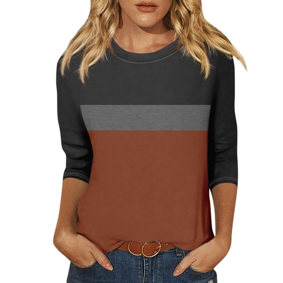 XMHJSMD Shirts for Women Women's Crew Neck 3/4 Sleeve Printed T Shirt Fashionable Casual Top(Brown,Xxxxxl)