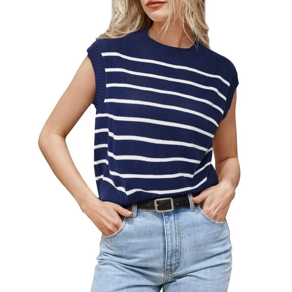 XMHJSMD Spring And Summer Women's Sleeveless Vest Neck Collar Knitted Knitted Hoods Casual Women's Sweater T Shirt(Blue,S)