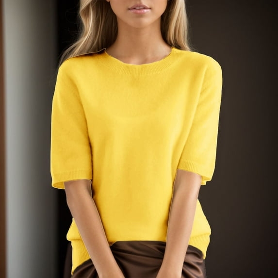 XMHJSMD Summer Shirts for Women Women's Round Neck Short Sleeved Loose T Shirt With a Knit Bottom Short Top(Yellow1,M)