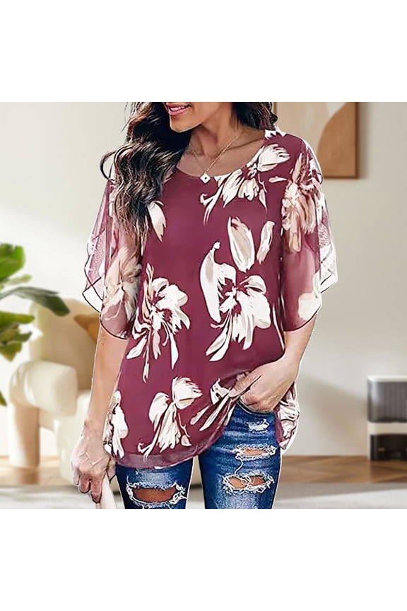Summer Shirts for Women Womens Ruffle 3/4 Sleeve Mesh Blouses Loose Flowy Tops Stretchy Shirts(Yellow,L)